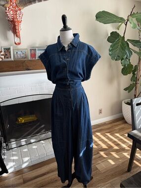 Women’s Dark Blue Denim Button-Front Jumpsuit